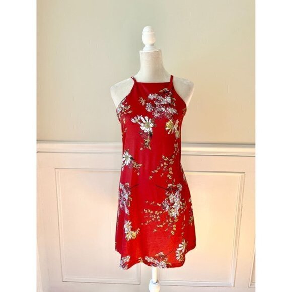 High Neck Red Floral Sleeveless Dress Small - Picture 2 of 4